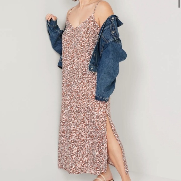 Old Navy XXL Maxi V Neck Tie Back Side Slits Slip Dress Giraffe Abstract Print - Picture 1 of 13